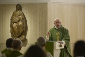 Pope Francis delivers the homily as he celebrates Mass in the chapel of the Domus Sanctae Marthae guesthouse at the Vatican Nov. 6. (CNS photo/L'Osservatore Romano, handout) See POPE-HOMILY-MISMANAGEMENT Nov. 6, 2015.